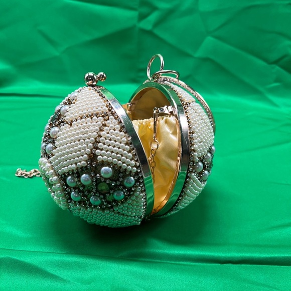Unique Round beaded: Evening Clutch, wedding wristlet with long gold chain